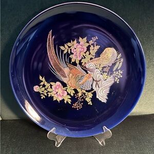 Vintage cobalt blue Decorative Plate with Floral and Pheasants Design